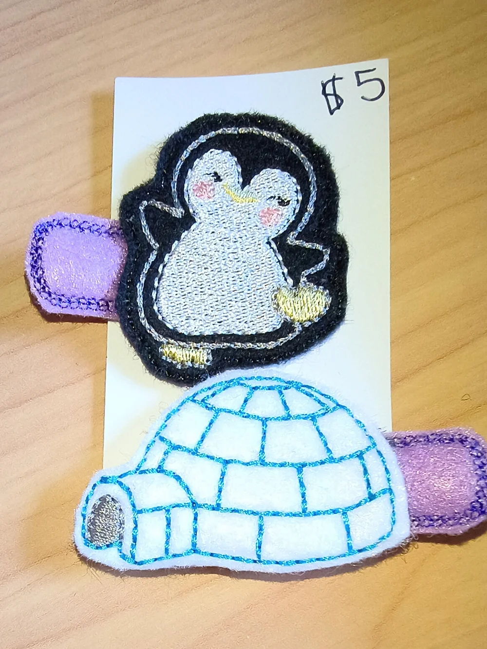 Penguin & Igloo Embroidered Hair Clips - Black, White, Purple